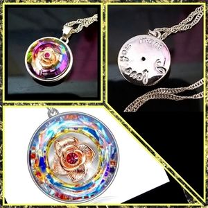 Austrian Crystal Rainbow Engraved Disc Pendant 18k WhiteGold Necklace